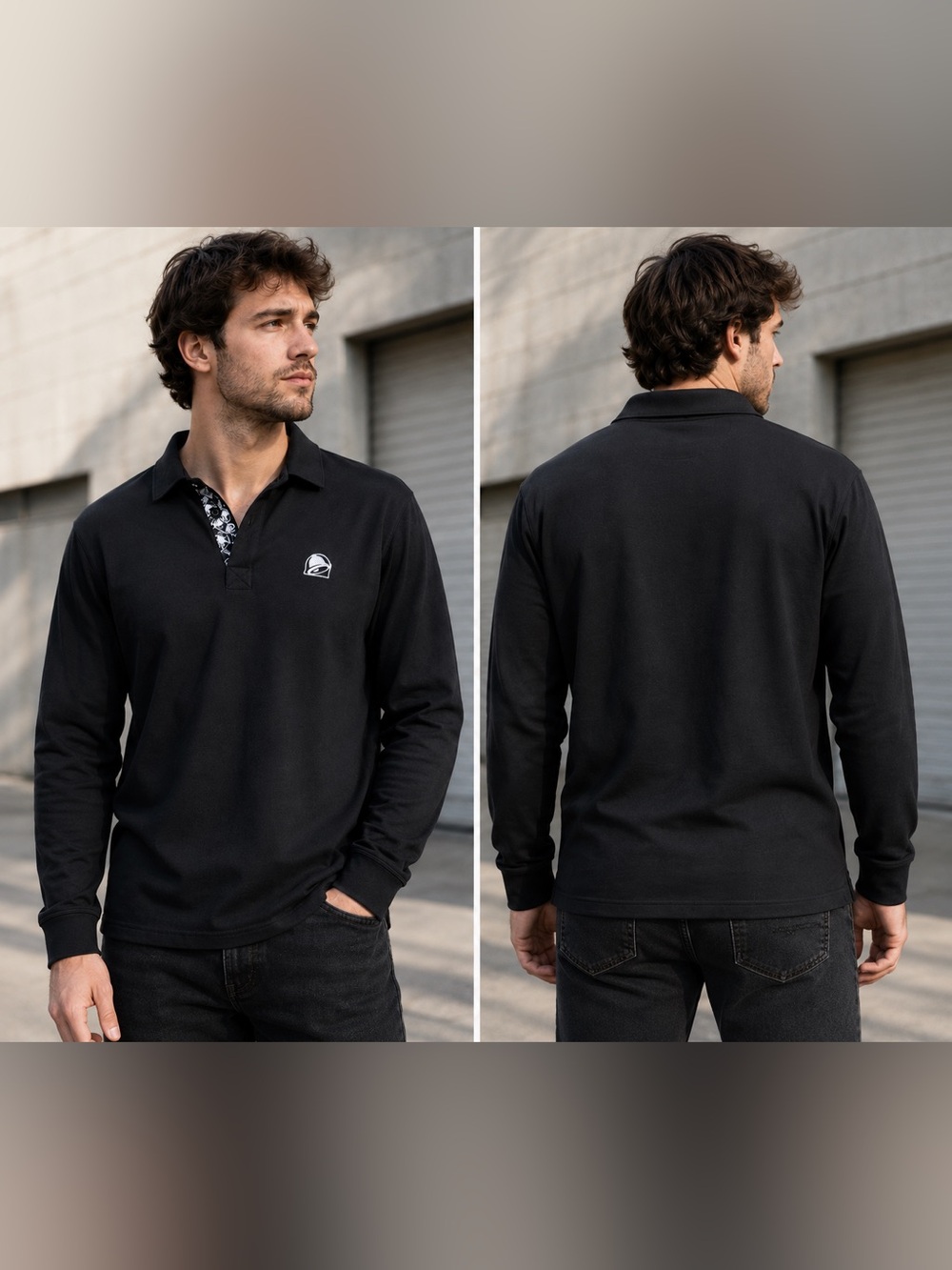 Taco Bell Men’s Black Long Sleeve Polo Shirt Size Medium Logo Uniform Crew